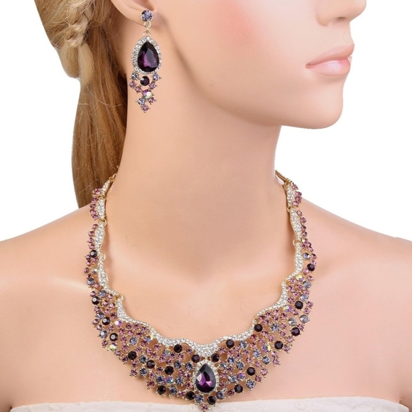 Austrian Crystal Flower Cluster Teardrop Statement Set - Picture 1 of 7